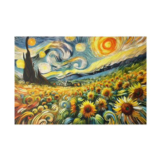 Vibrant painting of a sunflower field with swirling yellow and orange flowers under a sky of blue and gold.