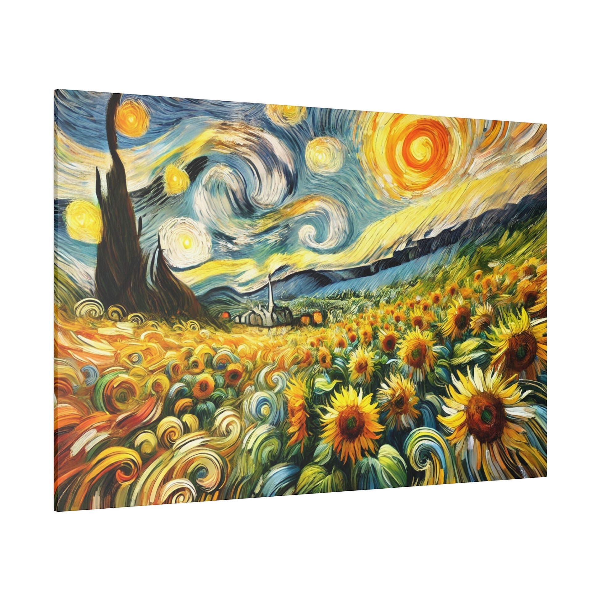 Wide-angle painting of a sunflower field with swirling blue sky and yellow hills in vibrant strokes.