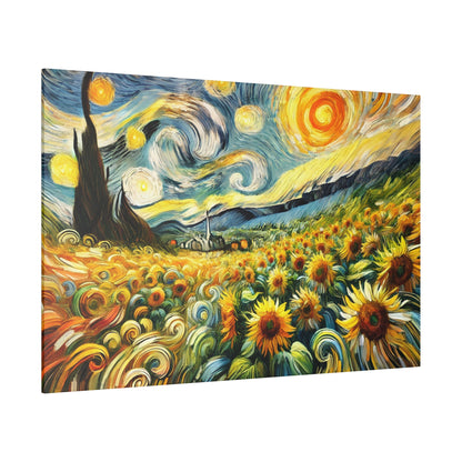 Wide-angle painting of a sunflower field with swirling blue sky and yellow hills in vibrant strokes.