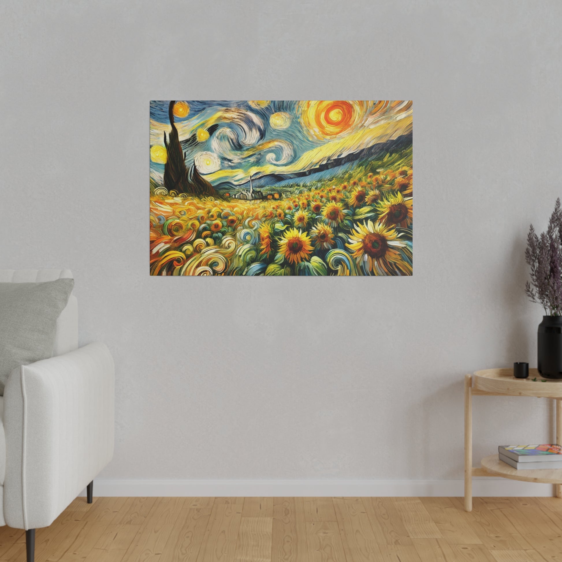 Colorful painting of a sunflower field with a swirling blue and yellow sky, hung on a light gray wall.