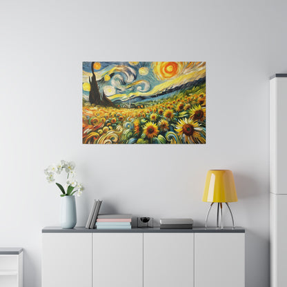 Colorful painting of a sunflower field with swirling sky hangs above a white sideboard with a yellow lamp and vase of white flowers.