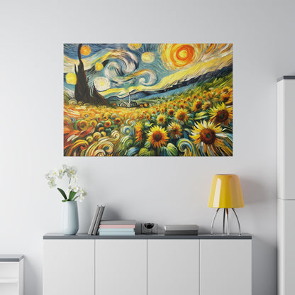 Colorful painting of a swirling sunflower field under a bright sky, mounted on a pale wall above a cabinet.