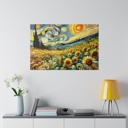 Vibrant painting of a sunflower field with a swirling blue-yellow sky, mounted on a light gray wall above a sideboard.