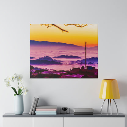Square landscape painting of a sunrise over a misty valley with purple and orange skies and a tall tower in the foreground.