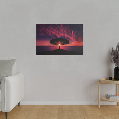 Hanging wall art depicting a lone tree on a hill at sunset with a pink-purple sky over a calm sea.