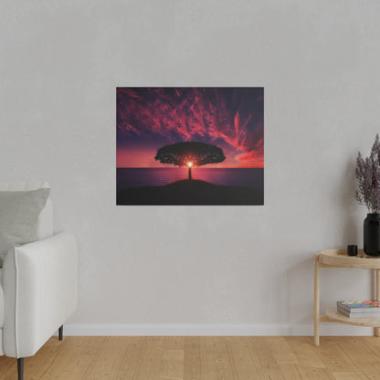 Square wall art showing a lone tree on a hill above the sea at sunset, with a red-purple sky.