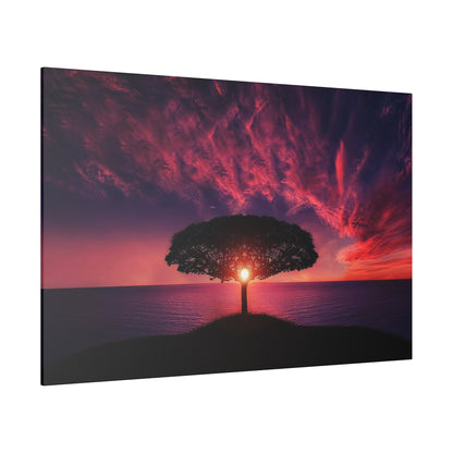 Tree with a rounded canopy on a small hill overlooking the sea at sunset, with the sun visible through the trunk.