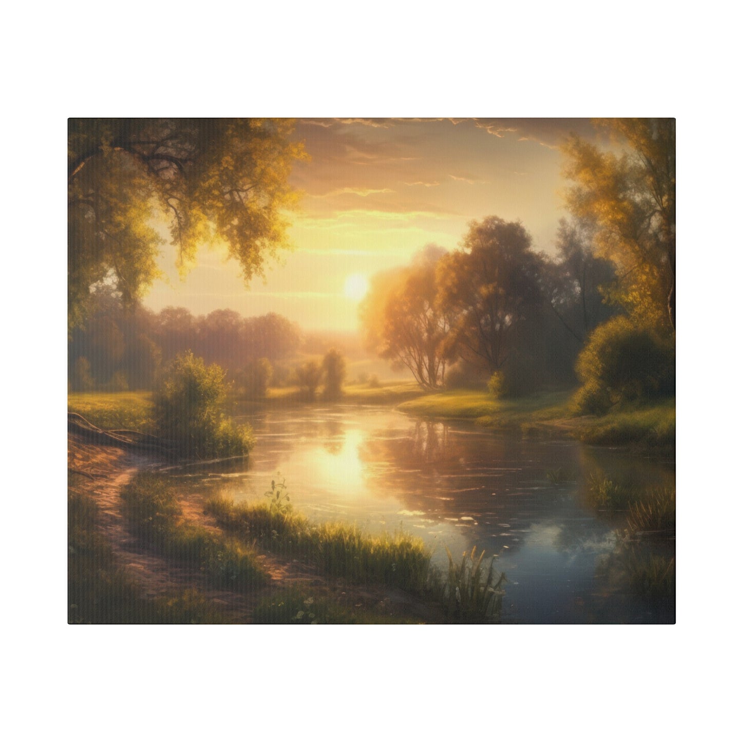 A landscape glowing with the hues of sunset, featuring a river reflecting the golden light and surrounded by lush greenery. The scene is tranquil and picturesque.