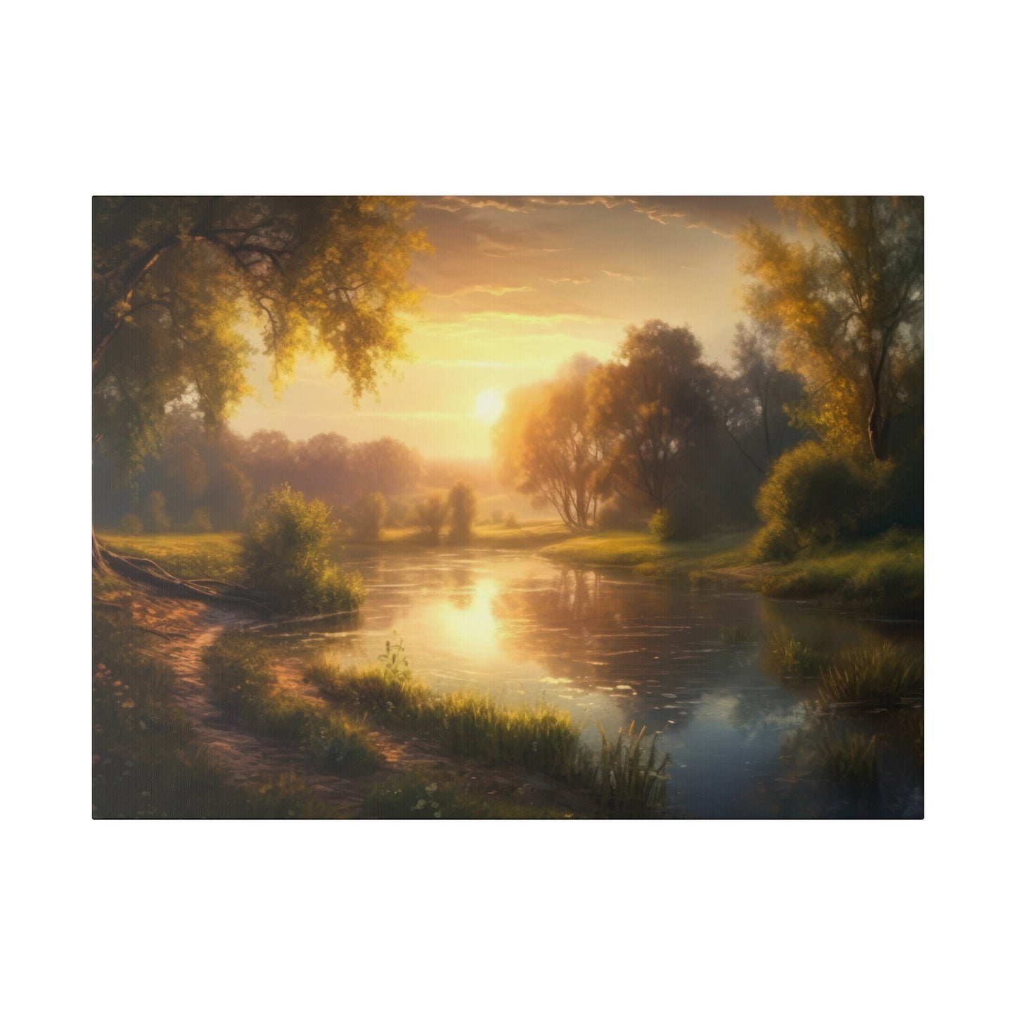 A sunset glow nature landscape showcasing a river reflecting the golden light of the sunset, surrounded by lush greenery. This picturesque scene is serene and tranquil, creating a perfect moment of natural beauty.