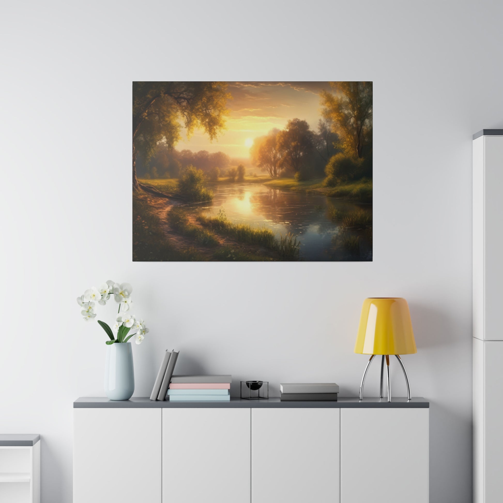 A landscape featuring a river with golden reflections from the sunset, surrounded by lush greenery. The warm light creates a serene and tranquil atmosphere.