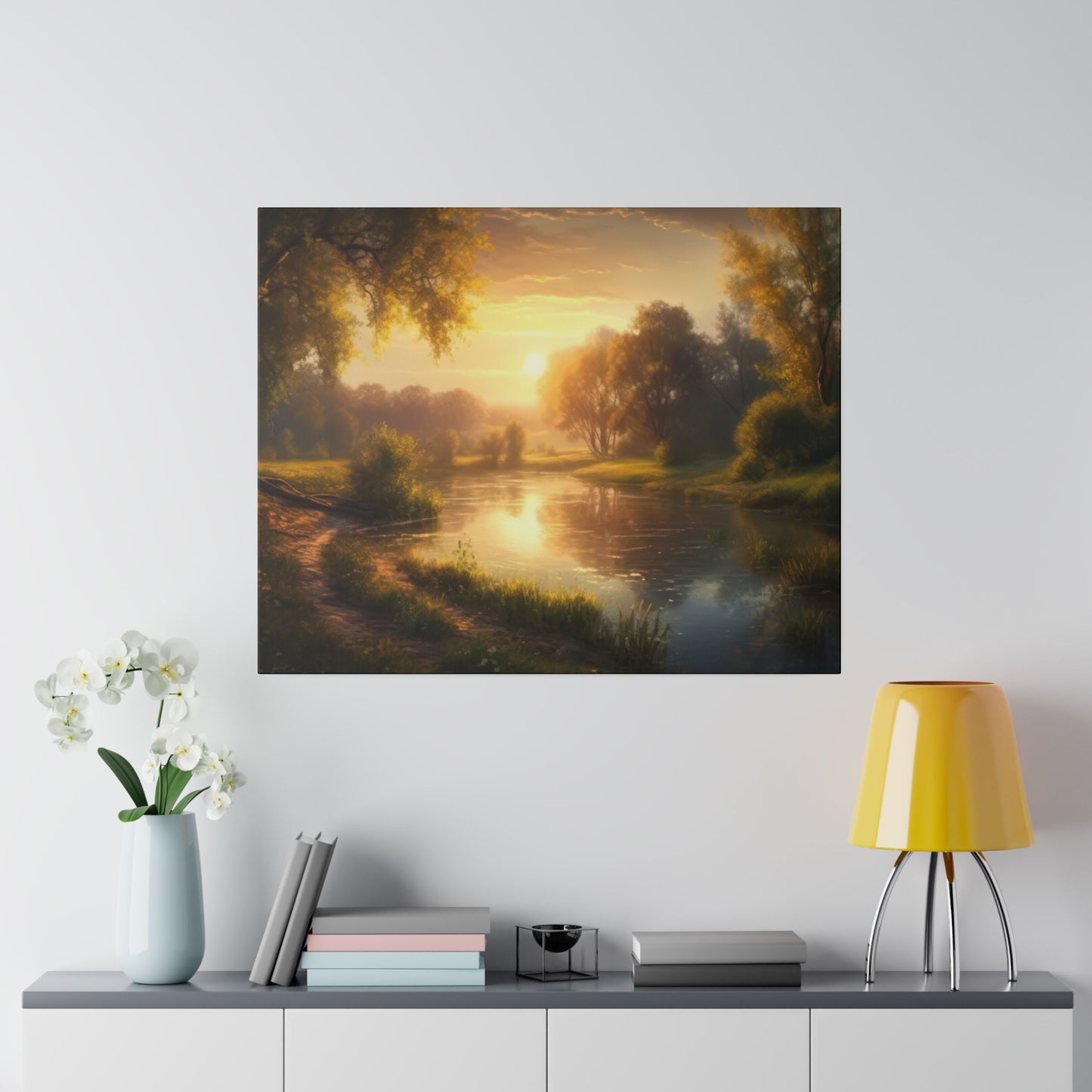 A tranquil evening river with golden sunset reflections, surrounded by lush greenery and a serene landscape. The warm glow creates a peaceful atmosphere.