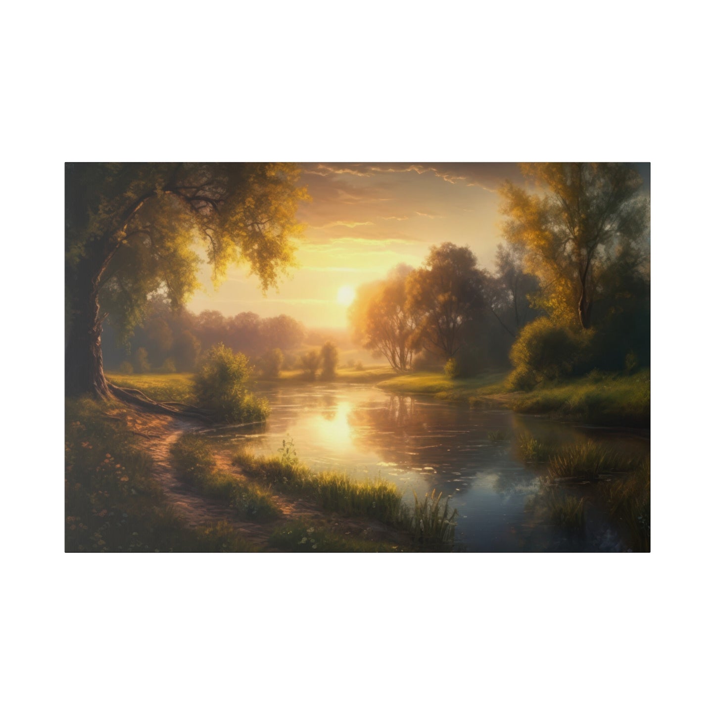 A sunset river nature view with golden reflections on the water, surrounded by lush greenery. The scene is serene and tranquil, perfect for enjoying nature's beauty.