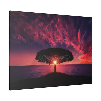 Silhouette of a lone tree on a small hill by a sea at sunset, with the sun shining through the tree’s branches.