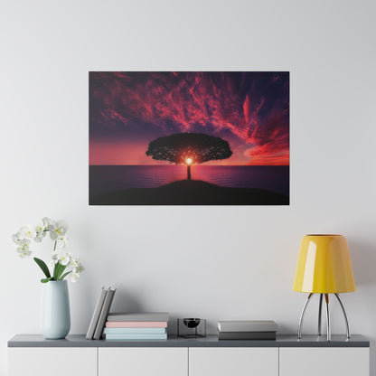 Print of a lone tree on a small hill silhouetted against a red-purple sunset over the ocean.