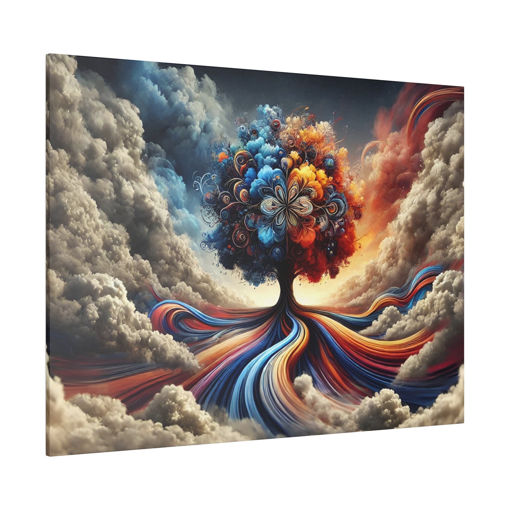 A surreal painting of a vibrant, multicolored tree with swirling, ribbon-like branches rising from a cloud-filled landscape.