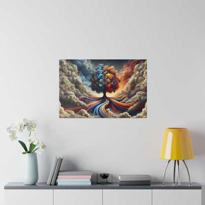 Colorful surreal painting of a tree with swirling blue, red, and orange ribbons rising from a cloud-filled landscape on a white wall.