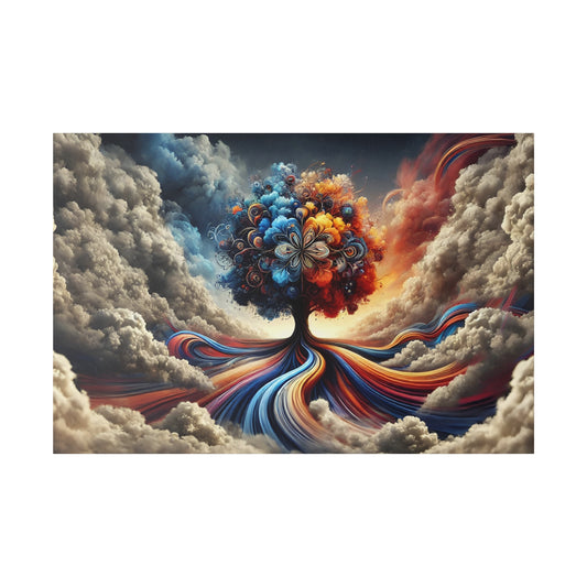 Surreal painting of a vibrant, multicolored tree with swirling ribbons flowing from its base, set among dramatic clouds.