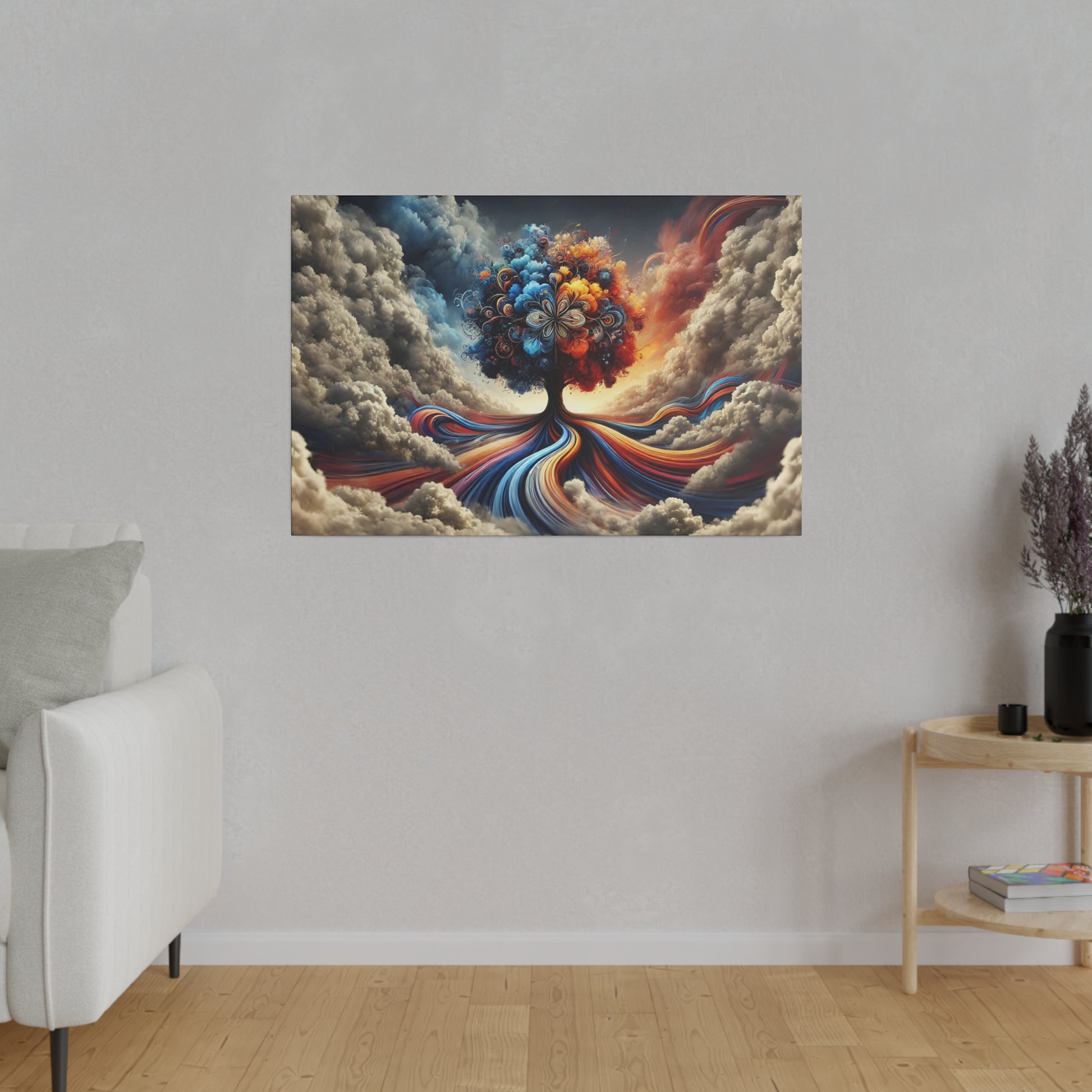 Colorful surreal painting of a tree with swirling red, blue, and orange roots amid clouds.
