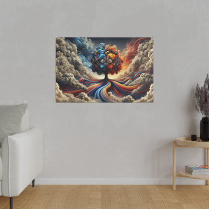 Colorful surreal painting of a tree with swirling red, blue, and orange roots amid clouds.