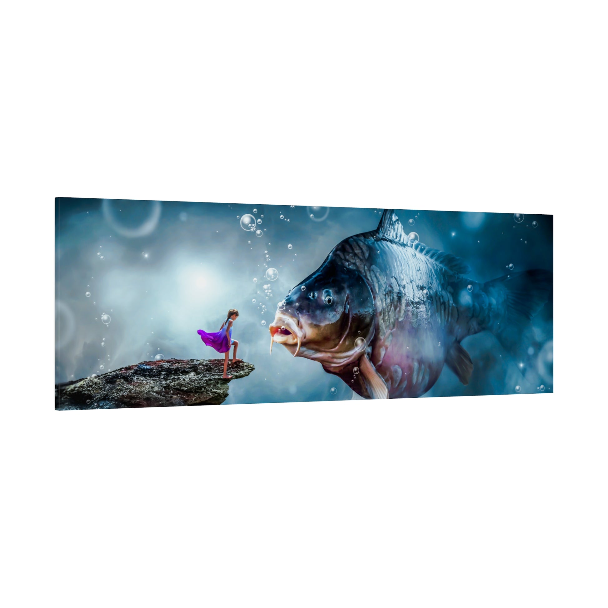 A surreal encounter between a girl and a giant fish in an underwater world. The girl stands on a rock, and the scene is filled with bubbles, giving it a whimsical touch.