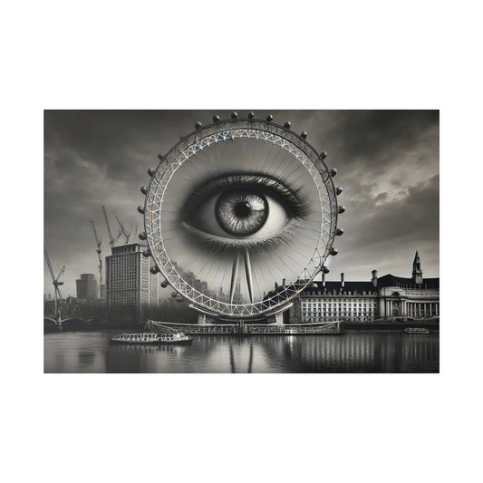 Black-and-white photo of the London Eye ferris wheel with a giant human eye at its center over the Thames.