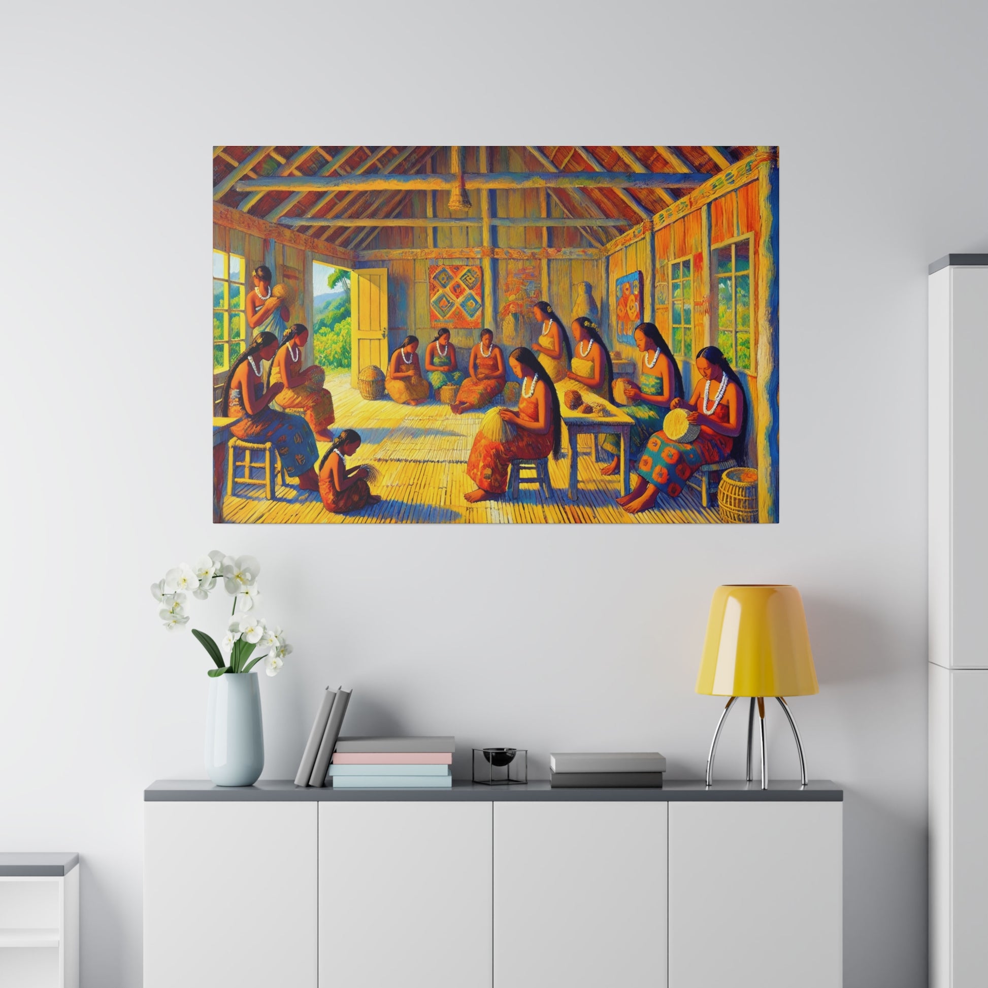 Vibrant painting of women weaving and sewing inside a thatched hut, sitting on stools and mats.