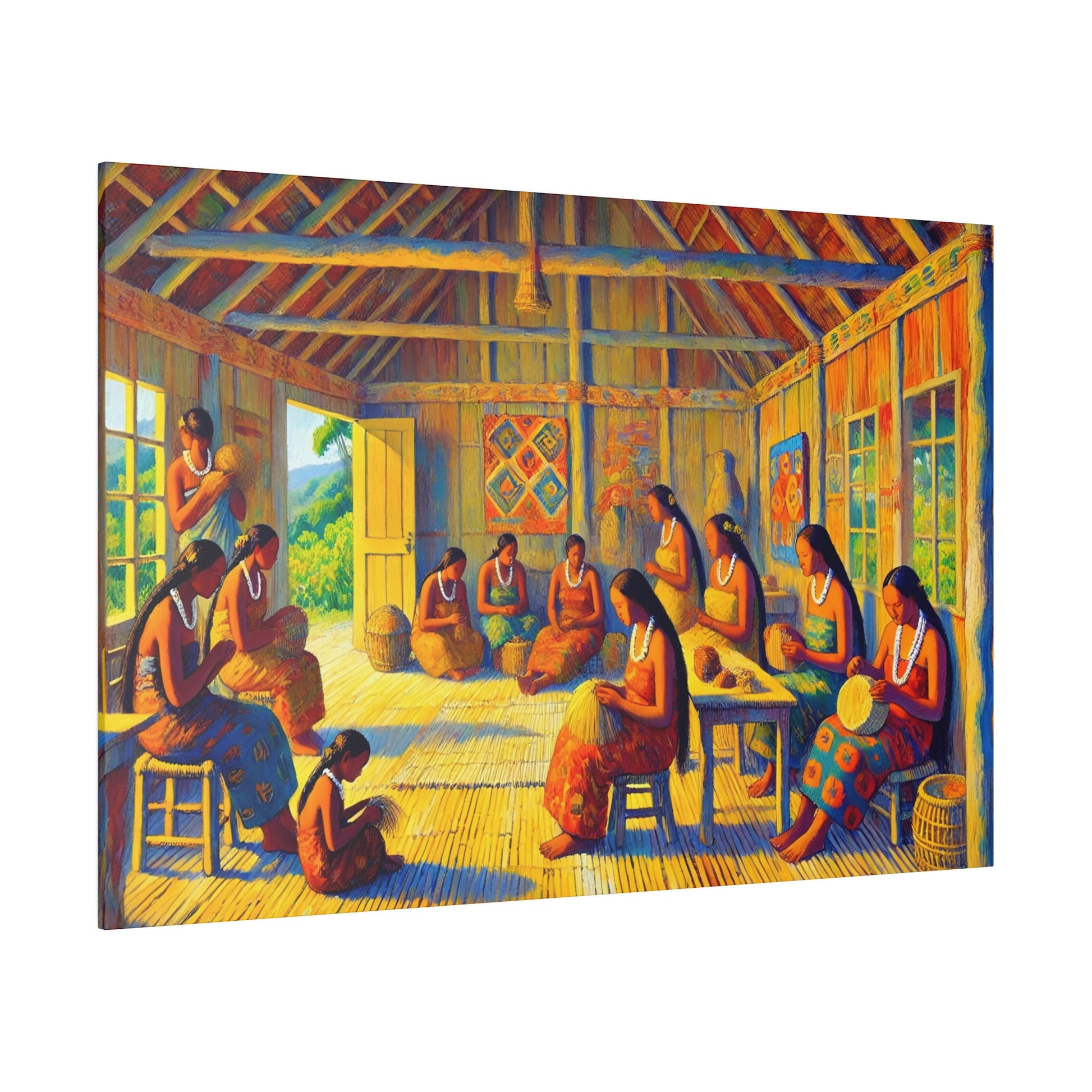 Colorful painting of women in a sunlit, rustic room weaving baskets, wearing traditional dresses and white bead necklaces.