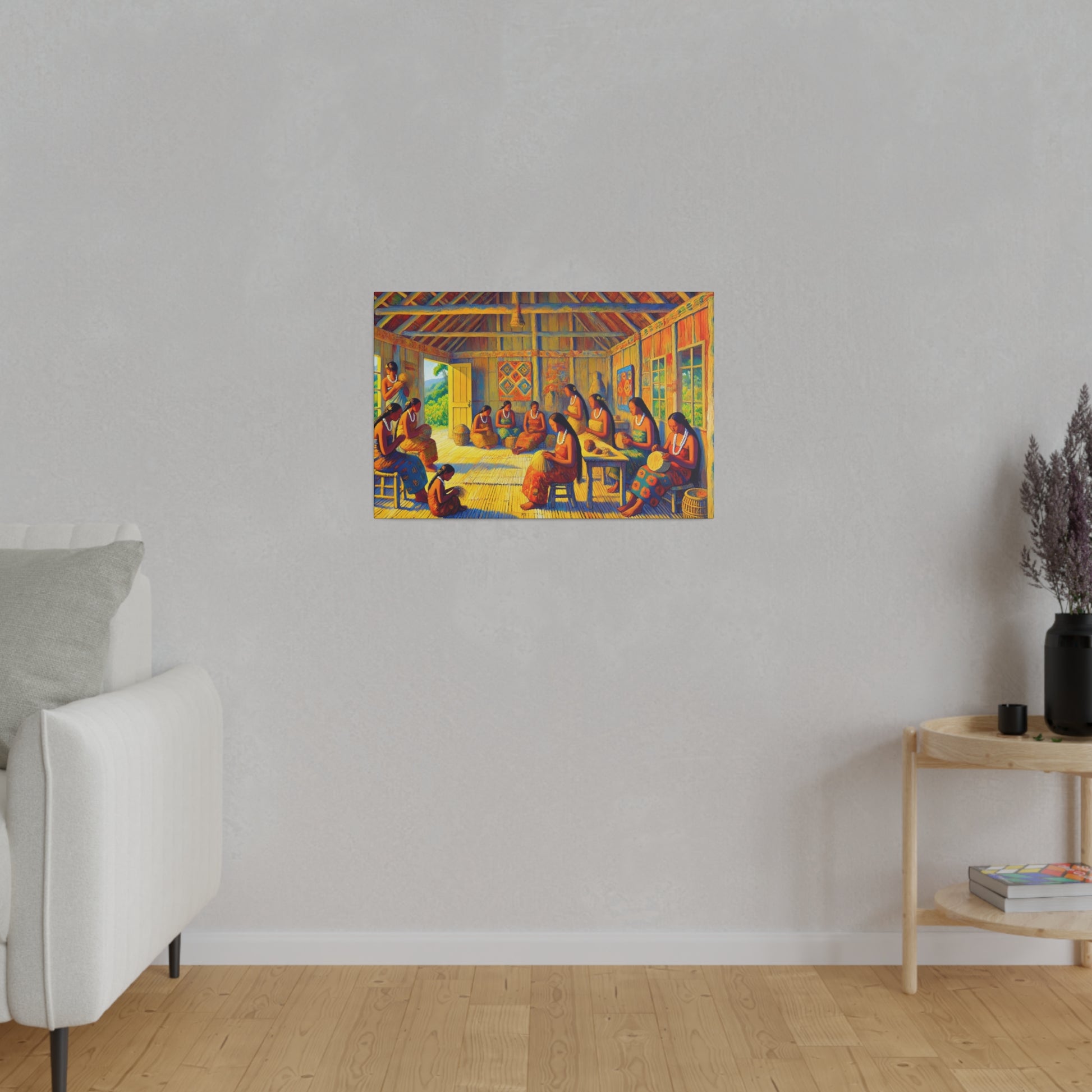 Colorful painting showing a group of people seated around tables in a rustic, sunlit room with exposed beams.
