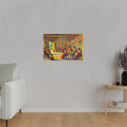Colorful painting showing a group of people seated around tables in a rustic, sunlit room with exposed beams.