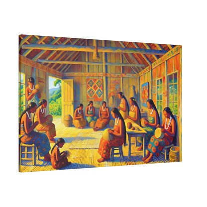 Colorful painting of many women in a wooden hut, wearing white bead necklaces, weaving and sitting in a circle.