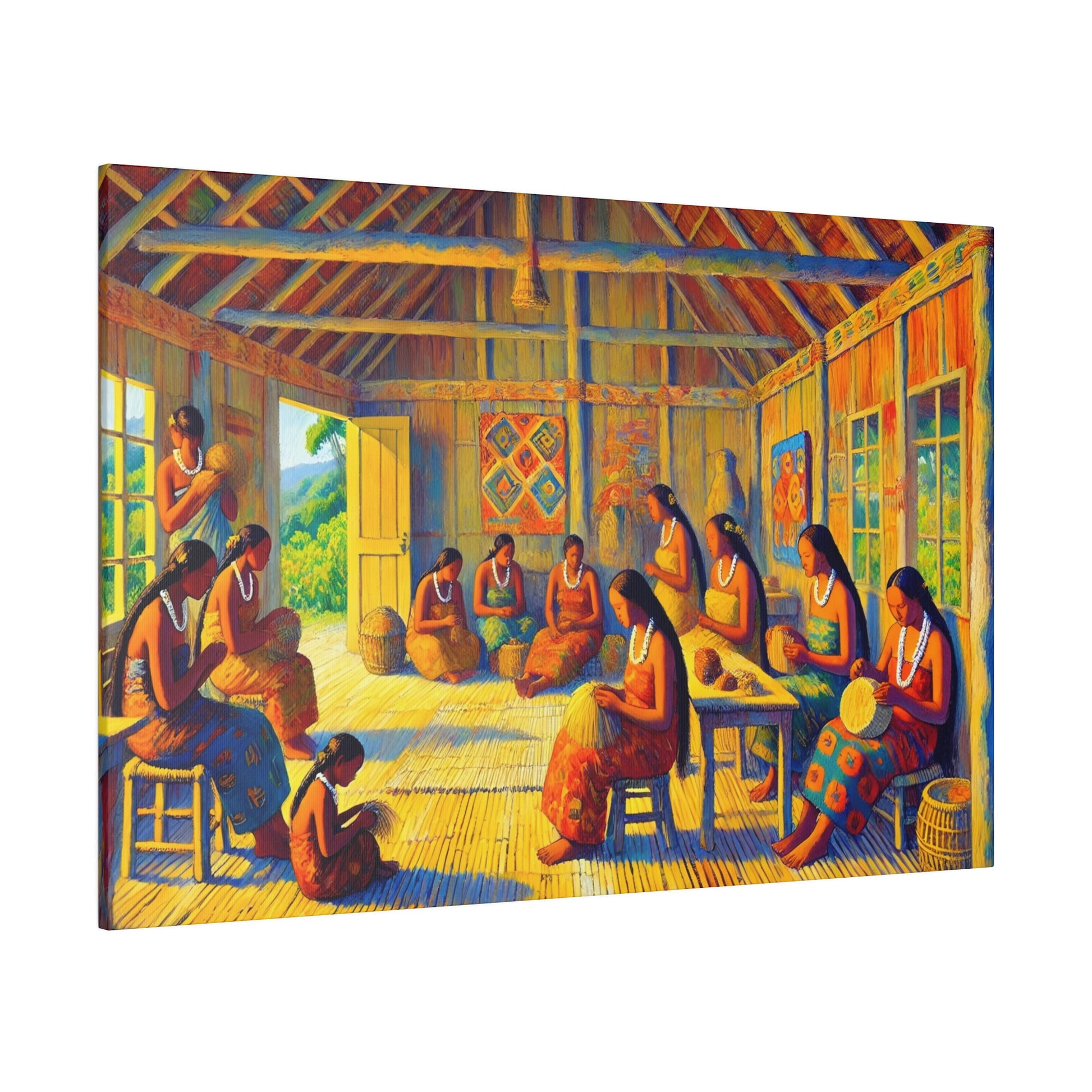 Colorful painting of several women seated inside a thatched workshop weaving, wearing bead necklaces and bright patterned skirts.