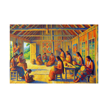 Colorful painting of a thatched room where many women weave baskets, wearing white bead necklaces.