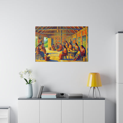 Colorful painting depicting a group of people sewing inside a sunlit wooden room.