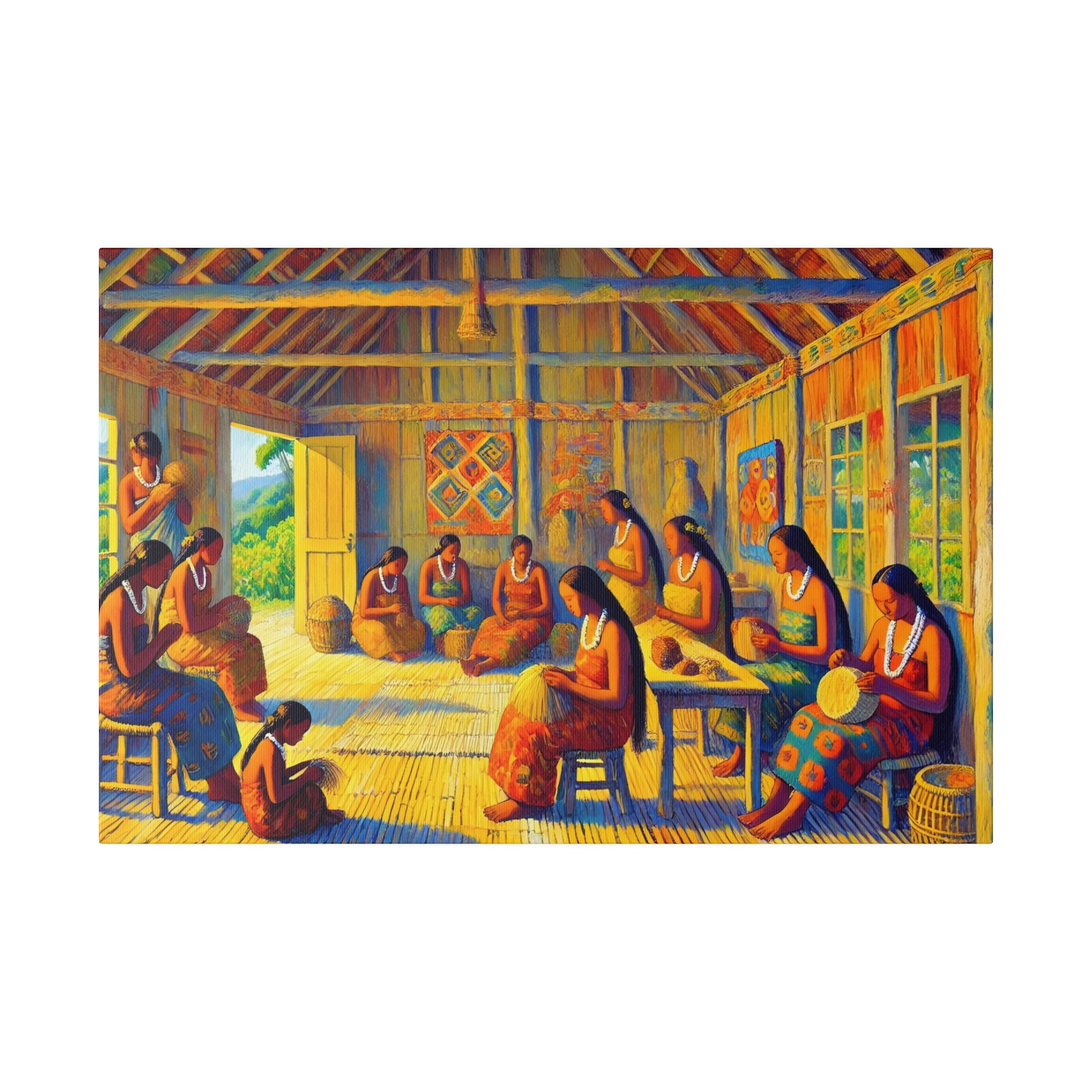 Colorful painting of many women in a wooden room weaving and knitting, wearing white bead necklaces.