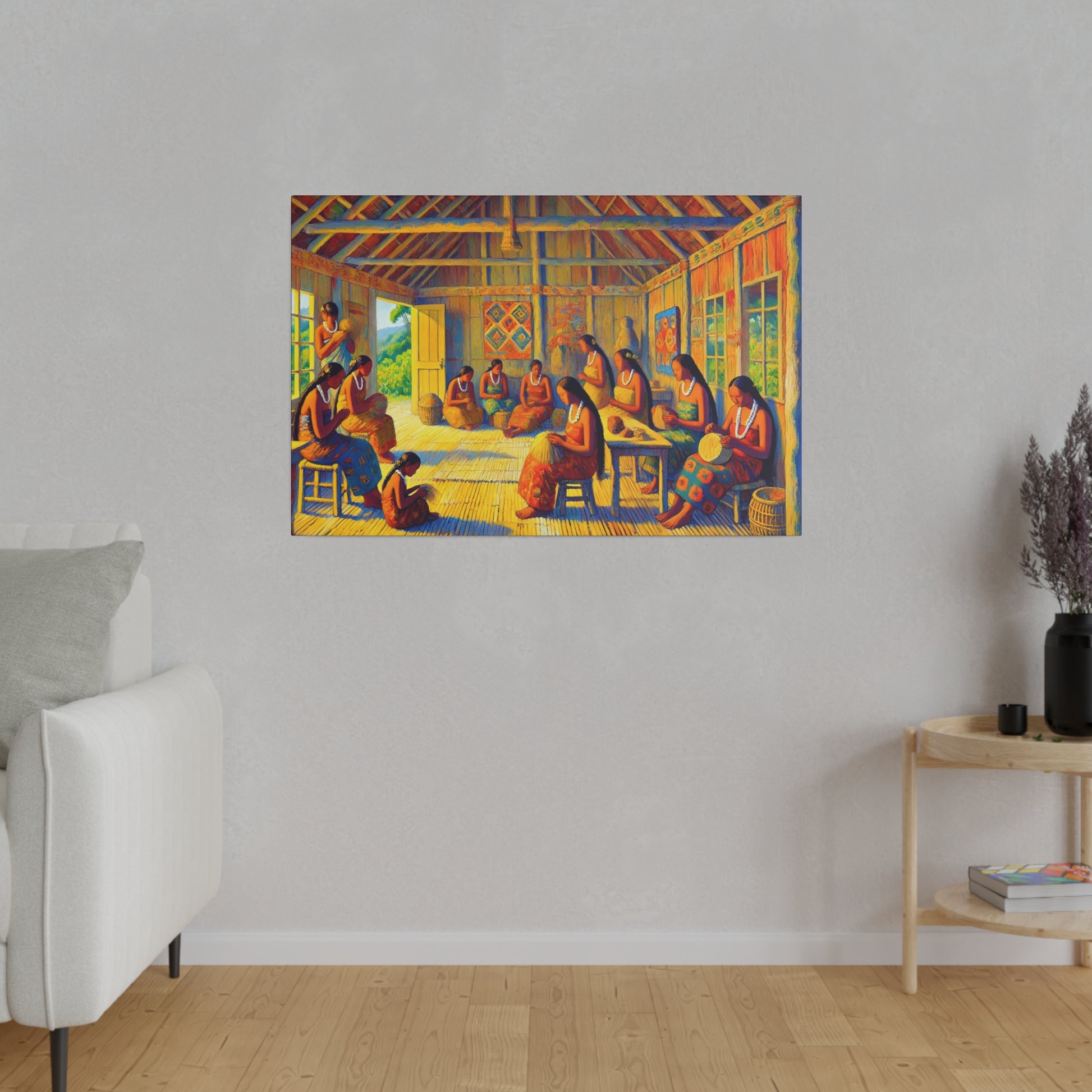 Colorful painting of a bright interior showing many people weaving and sitting around in a communal workshop.