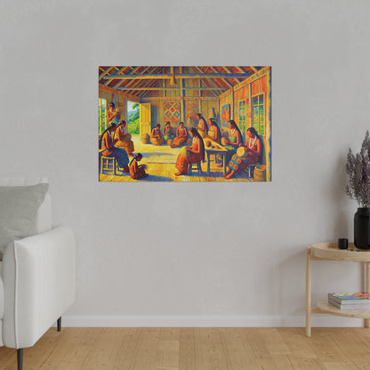 Colorful painting of a bright interior showing many people weaving and sitting around in a communal workshop.