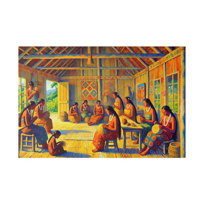Colorful painting of many women weaving mats inside a wooden, sunlit room with beams, wearing bright dresses and white bead necklaces.
