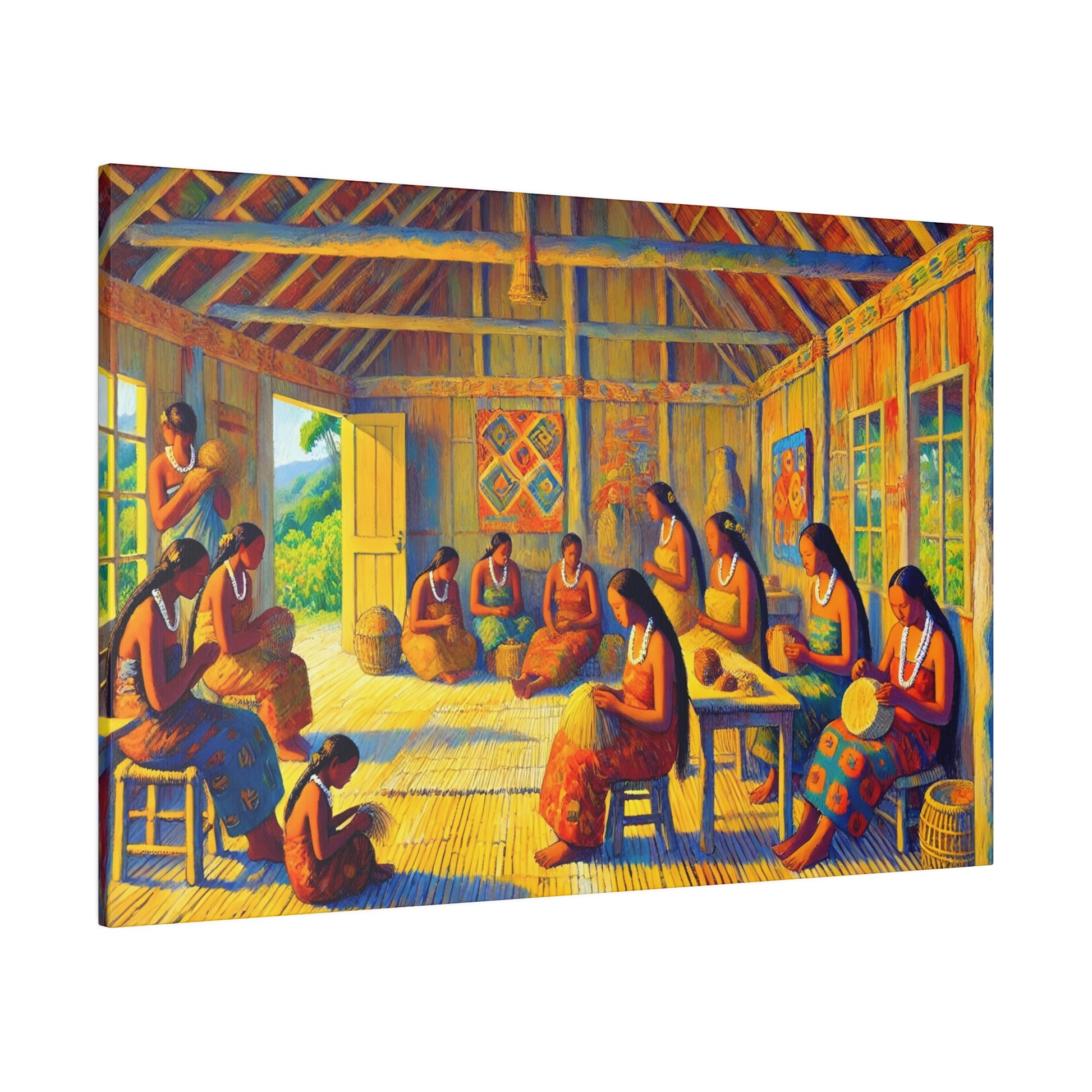 Colorful painting of numerous women in a thatched hut, wearing white bead necklaces, seated in a circle and weaving textiles.