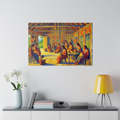 Colorful painting showing many Indigenous women seated inside a wooden house, weaving textiles.