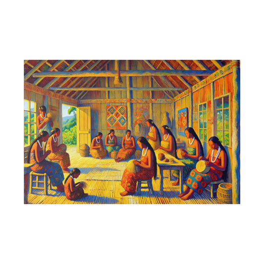 Colorful painting of several women seated inside a wooden hut, weaving and beadwork, wearing white necklaces.