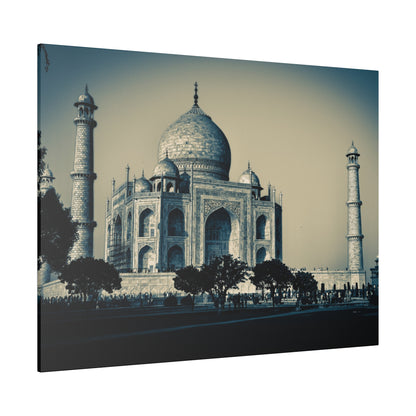 Photo of the Taj Mahal in Agra, India, showing the white marble mausoleum with a large central dome and four surrounding minarets.
