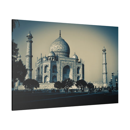 Taj Mahal with central dome and four minarets, marble facade, trees in foreground, blue-toned daylight.