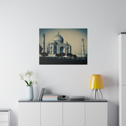 Framed print of the Taj Mahal with its central dome and four minarets, in a blue-toned vintage-style photograph.
