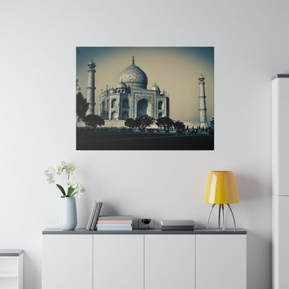 Poster of the Taj Mahal in blue tones, showing the central mausoleum with two minarets on each side.