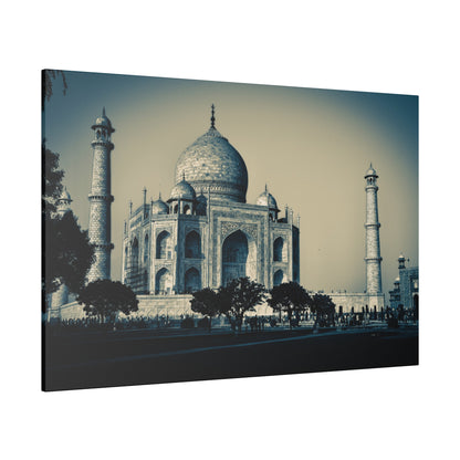 Taj Mahal: white marble mausoleum with central dome and four minarets, set in a blue-toned scene.