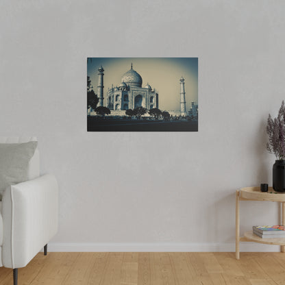 Wall-mounted print of the Taj Mahal with a blue tint, showing the mausoleum and its minarets.