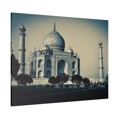 Taj Mahal's marble mausoleum with a large central dome and four slender minarets, surrounded by trees and visitors.