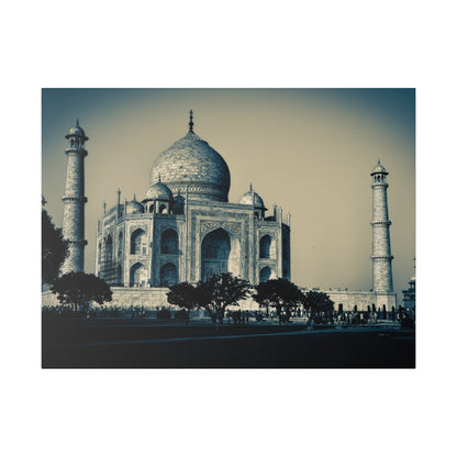 Taj Mahal, white marble mausoleum with a large central dome and two tall minarets, under a pale sky.