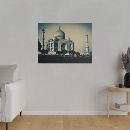 Framed print of the Taj Mahal with blue tones hung on a light gray wall in a living room.