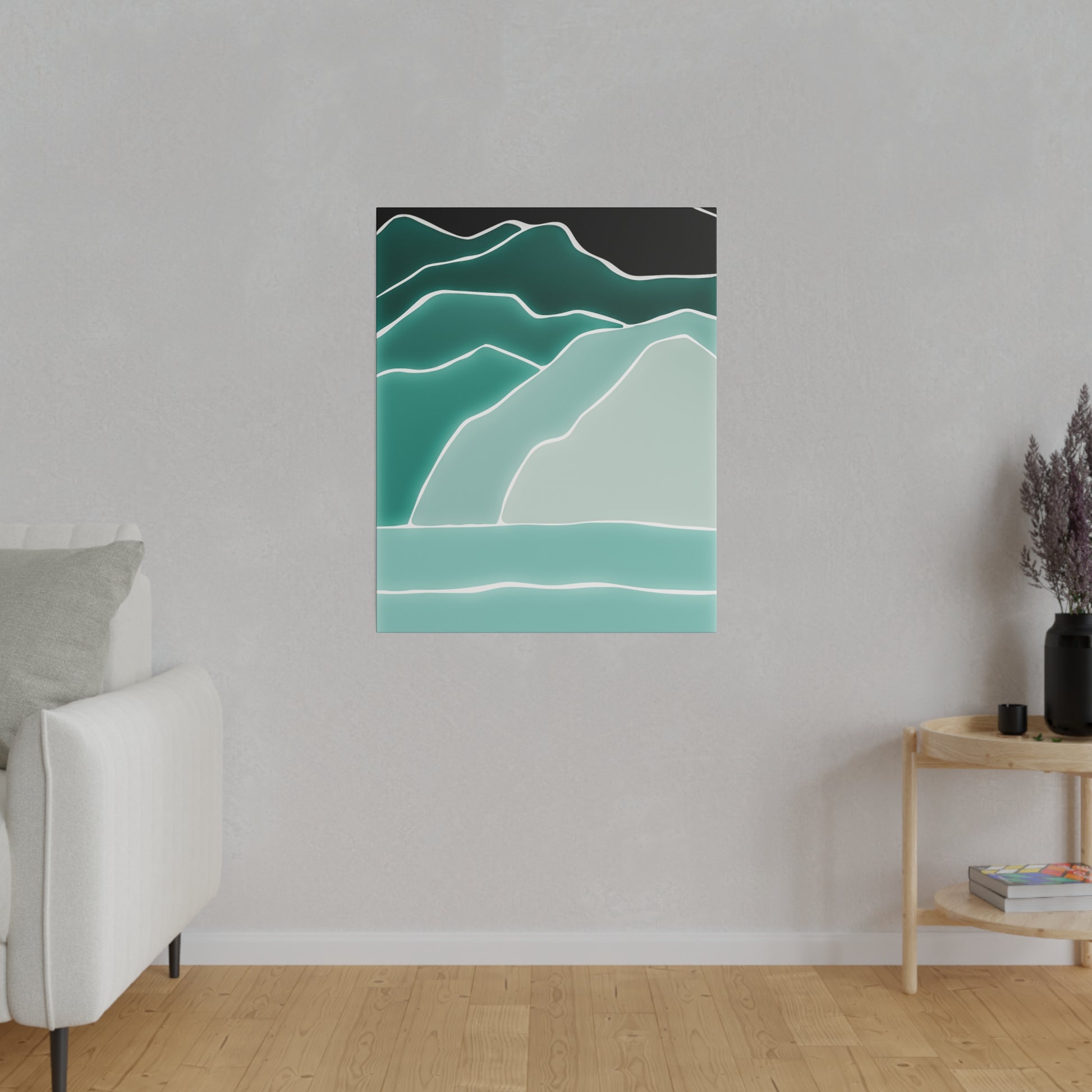 Vertical abstract teal mountain landscape print with white contour lines mounted on a light gray wall.